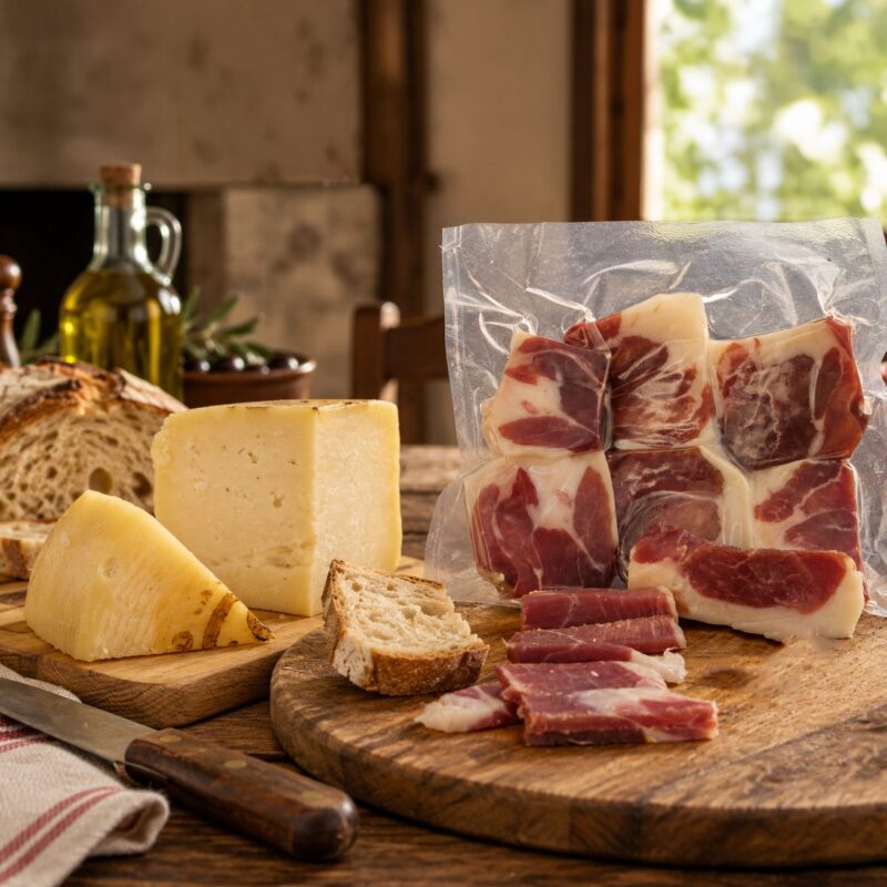 Trancio sottovuoto di prosciutto crudo di Suino Nero di Calabria affettato, accanto a pecorino calabrese semistagionato e pane su tagliere di legno