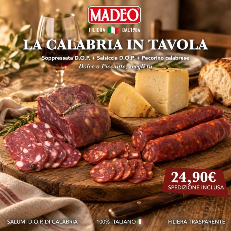 Box Calabria in Tavola Madeo: Soppressata di Calabria D.O.P., Salsiccia di Calabria D.O.P. e pecorino calabrese su tagliere di legno, 24,90 € spedizione inclusa
